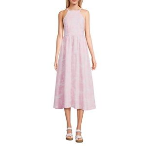 Lands' End 100% linen Pink Sailboat Scenic tropical, print midi length dress L